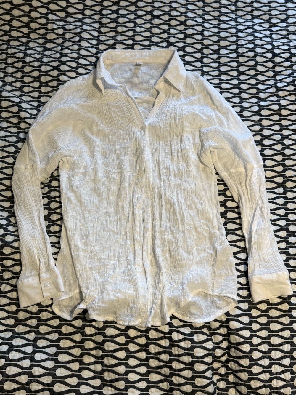 White Crinkle Gauze Button Front Beach Cover Up Shirt - Picture 6 of 7